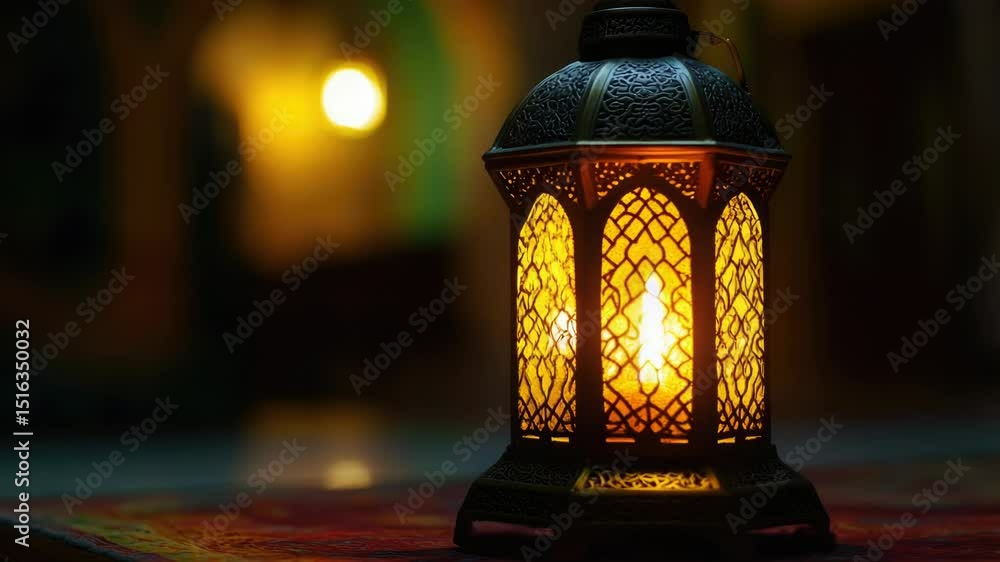 Poster a single lit lantern placed on a table with a warm glow