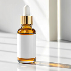 Amber glass dropper bottle with blank label on white background