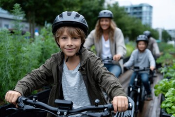 A joyful child on a bicycle exploring a lush garden path, showcasing the combination of nature, play, and a sustainable lifestyle in an urban environment.