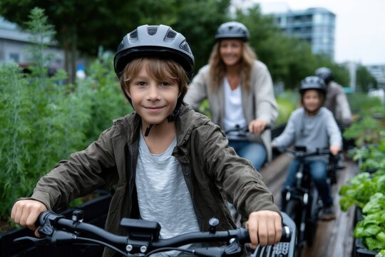 A joyful child on a bicycle exploring a lush garden path, showcasing the combination of nature, play, and a sustainable lifestyle in an urban environment. - Powered by Adobe