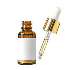 Amber glass bottle with gold dropper and blank label for essential oils or serum isolate on transparent background 