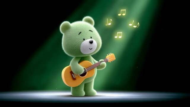 Cartoon Green Bear Playing Acoustic Guitar Under Spotlight with Musical Notes