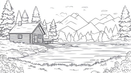 Obraz premium Scenic mountain cabin by lake