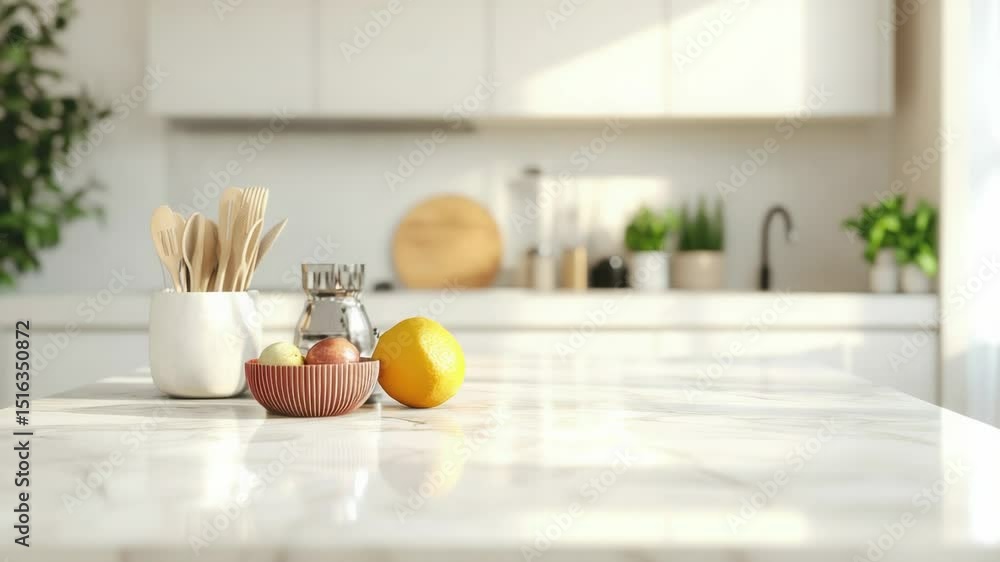 Poster a kitchen counter with various utensils and lemons arranged neatly
