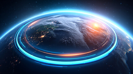 Futuristic Digital Earth with Glowing Data Rings