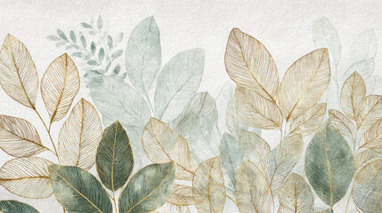 faded green and beige watercolor leaves with golden ink details on textured paper