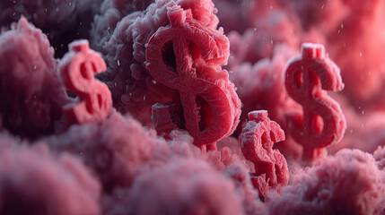 Fantasy-inspired dollar symbols made of fluffy, textured material float in a dreamy