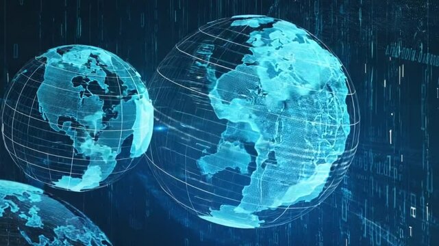 A zero gravity wireframe globes shimmering black and white lattice grids, sphere binary code, grid warps quantum space matrix, particles teleport connections, quantum physics internet future