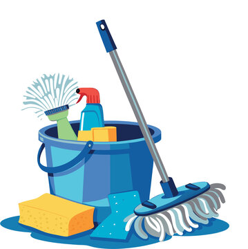 mop and bucket with cleaning supplies vector 