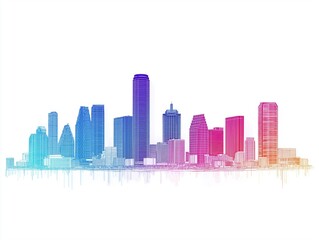 Naklejka premium Colorful gradient skyline of modern city with skyscrapers in minimal line art style on white background