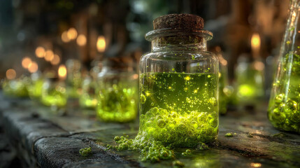 A bubbling vial of neon green liquid spills over a rustic table in a magical or alchemical lab setting