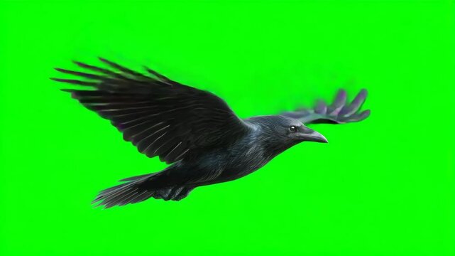 Crow Flying with Outspread Wings Against a Bright Green Background