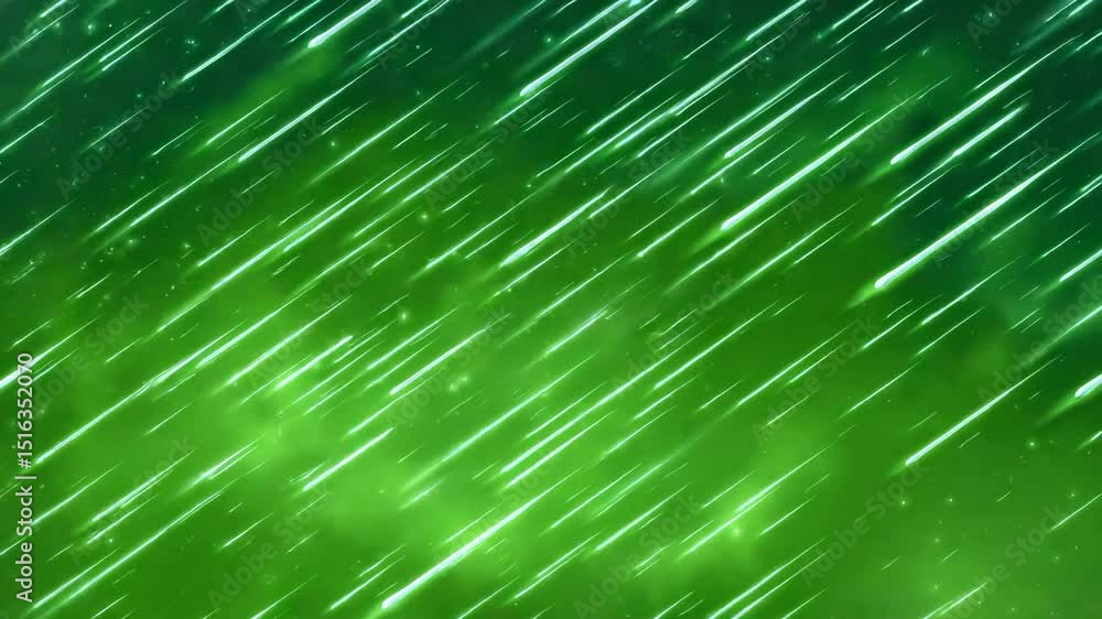 Poster dynamic green starfield with glowing streaks and ethereal particles flowing across the frame