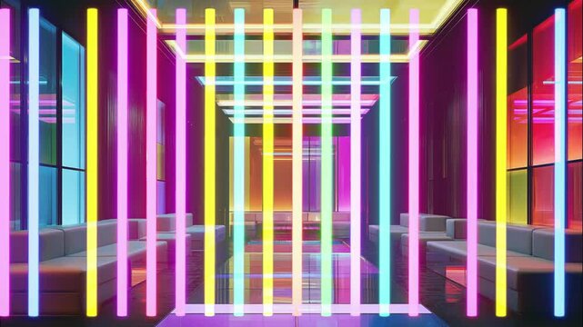 Neon interior, overlay shiny stripes overlay circle, animated virtual backgrounds,  anime chill hip hop cybe, 4k Animated video