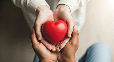 Gentle hands sharing a vibrant red heart symbolizing love care and compassion