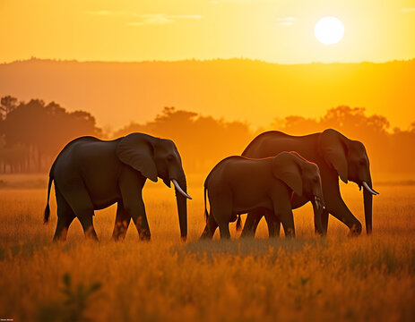 elephants in the sunset