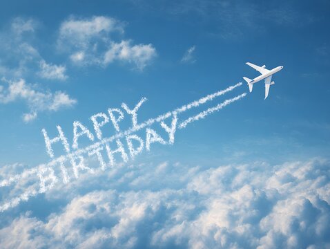 Airplane writing &ldquo;Happy Birthday&rdquo; in the sky with clouds in the background.