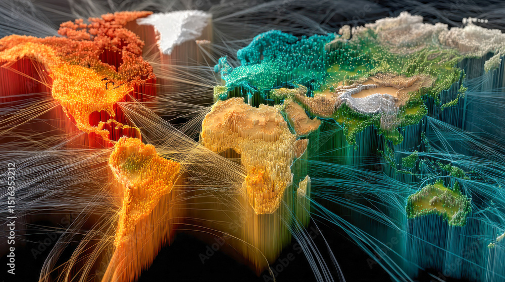 Aufkleber abstract 3d world map with glowing fiber connections representing global digital networks and intern