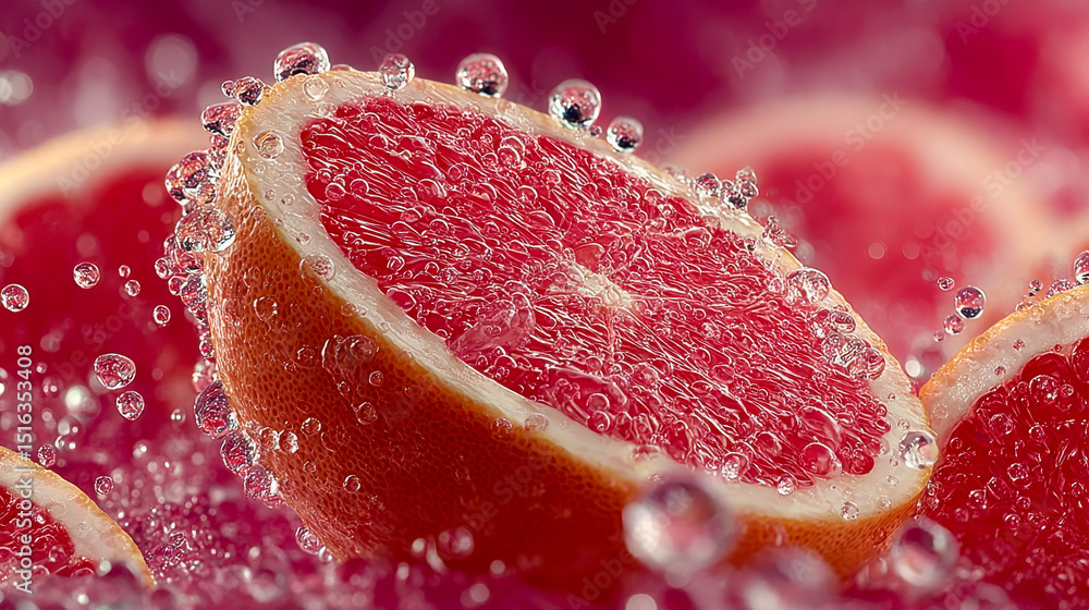 Poster macro close-up of red grapefruit slices in soda with ice, sparkling with bubbles and fresh citrus te