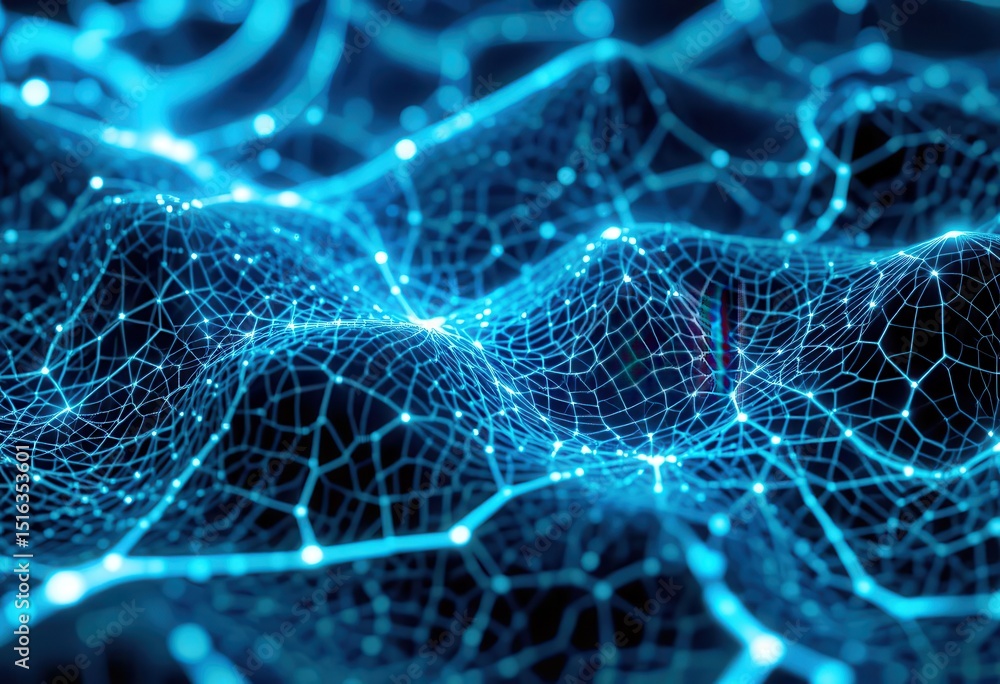 Poster abstract visual representation of a digital network with blue nodes and connections