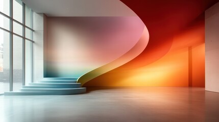 This stunning image showcases a swirling staircase in a modern interior, featuring a blend of pastel and vibrant colors, perfectly illustrating contemporary art and design.