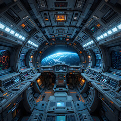 Obraz premium Spaceship cockpit with Earth view from the window many buttons space cockpit.
