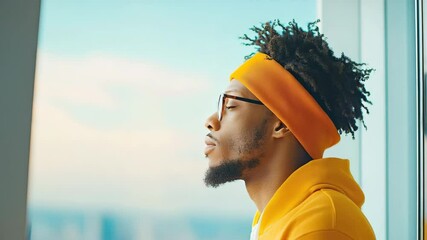 Young man orange headband, glasses, and yellow hoodie gazes thoughtfully out window daylight, modern urban cityscape background, profile view, calm and reflective mood, soft natural light - Powered by Adobe