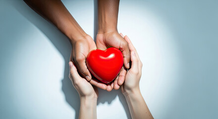 Gentle hands sharing a vibrant red heart symbolizing love care and compassion