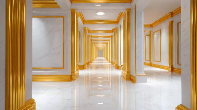 Luxurious Corridor Adorned with Marble and Golden Accents Featuring Symmetrical Columns and Polished Floors