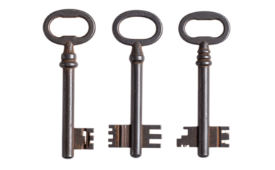 Three Rustic Old Iron Skeleton Key with Worn Texture, isolated on a transparent background