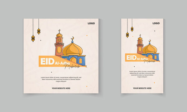 Eid al Adha Islamic festival social media post template with Islamic element, mosque, lamp vector