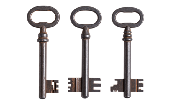 Three Rustic Old Iron Skeleton Key with Worn Texture, isolated on a transparent background