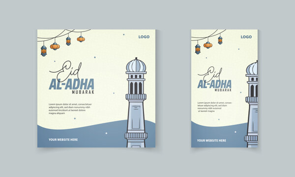 Eid al Adha, Islamic festival social media post template with Islamic pattern, mosque, lamp vector