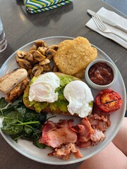 big breakfast with avocado and egg