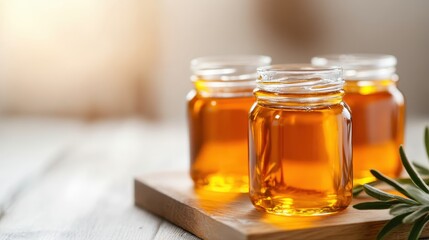 Three golden jars filled with honey radiate warmth and sweetness, arranged artfully on a wooden surface, emanating an inviting glow that highlights the beauty of nature's creation.