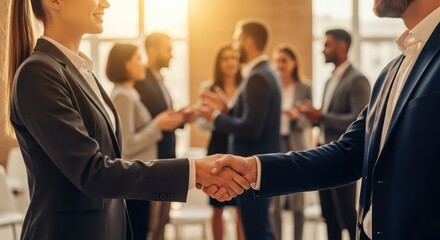 Business professionals shaking hands during a meeting at sunset  