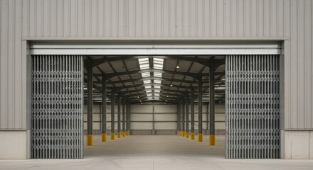 Obraz premium Modern warehouse entrance with sliding doors in industrial setting 