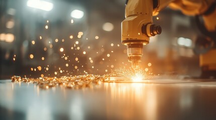 A robotic arm welds metal with precision, producing bright sparks against a blurred industrial background, symbolizing innovation and technological advancement in modern manufacturing.