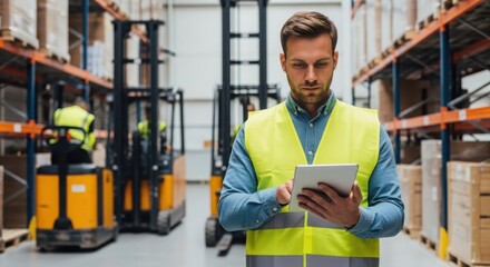 Warehouse worker using tablet for inventory management in storage facility  