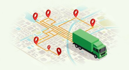 Delivery truck on city map, route with location markers
