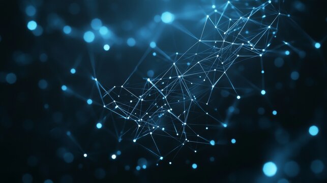 Abstract digital network structure with connecting dots and lines on a dark polygonal background, representing data flow, connectivity, and futuristic technology concepts




