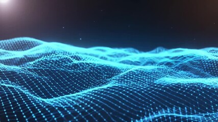 A cosmic particle grid sine wave, made of luminous blue particles, stars glitter gently floating above it, subtle soundwave ripple animation, deep cosmic background, abstract futuristic style - Powered by Adobe