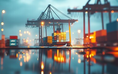 On the cargo ships at the dock, there are containers filled with goods. The night lights shine, and the reflection of the water reflects the surrounding environment. The concept poster of commercial t