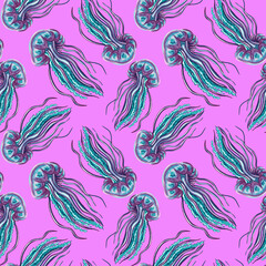 Ocean. Seamless pattern with watercolor jellyfish. Hand drawn jellyfish, ocean texture. Watercolor illustrations. Print on wallpaper, fabric, textile, cover, wrapping paper, banner, postcard