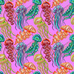 Ocean. Seamless pattern with watercolor jellyfish. Hand drawn jellyfish, ocean texture. Watercolor illustrations. Print on wallpaper, fabric, textile, cover, wrapping paper, banner, postcard