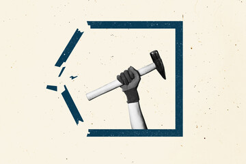 Creative composite sketch design artwork collage of hand wear glove hold hammer attack broken wall...