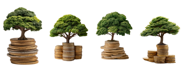Growth of Wealth Concept with Trees and Stacks of Coins