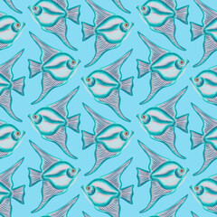 Obraz premium Sea. Seamless pattern with watercolor fishes. Hand drawn fishes, ocean texture. Watercolor illustrations. Print on wallpaper, fabric, textile, cover, wrapping paper, banner, postcard
