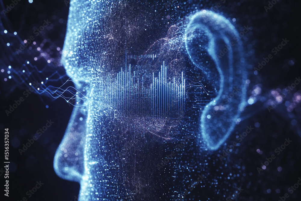 Poster generative ai concept image of sound waves acoustic signals flowing through digital wireframe portra