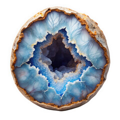 Fototapeta premium A stunning blue agate geode, showcasing intricate patterns and crystalline formations within. The exterior is rough, while the interior glimmers in shades of blue and white.